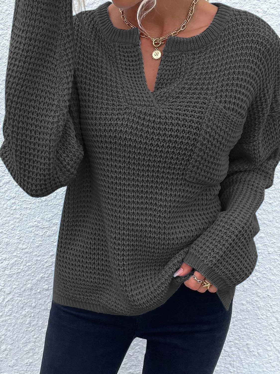 Notched Long Sleeve Sweater - The Boutie Shop