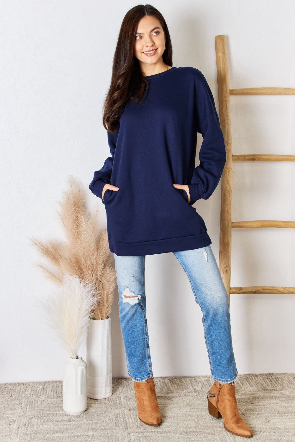 Zenana Oversized Round Neck Long Sleeve Sweatshirt - The Boutie Shop