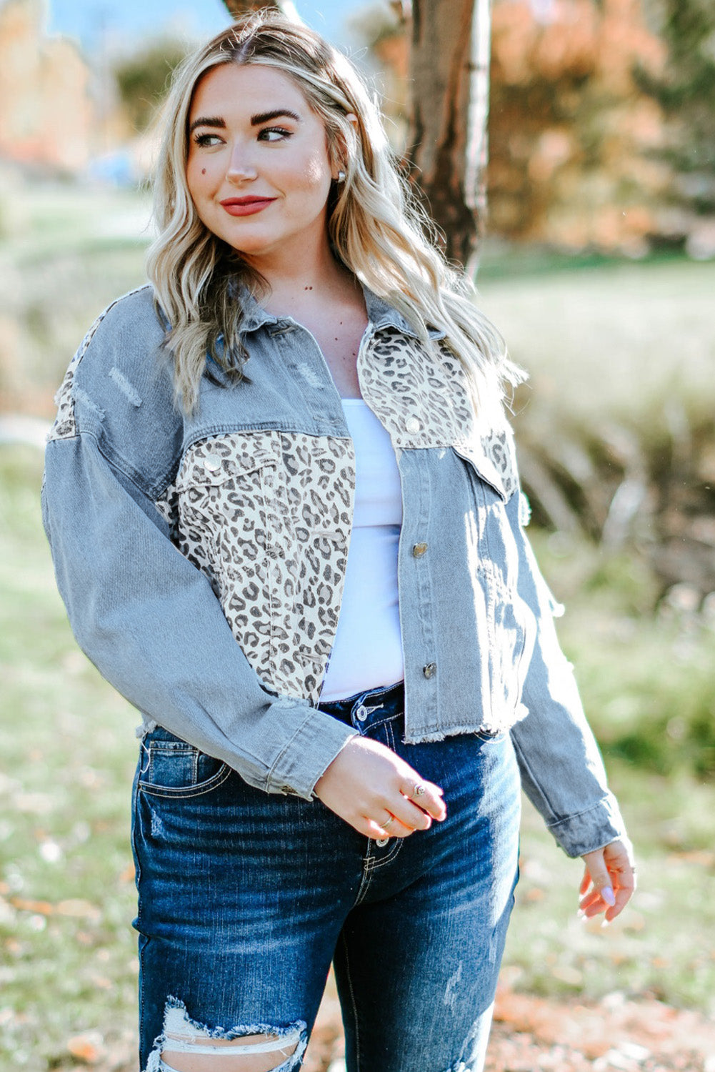 Plus Size Leopard Raw Hem Distressed Spliced Denim Jacket - The Boutie Shop