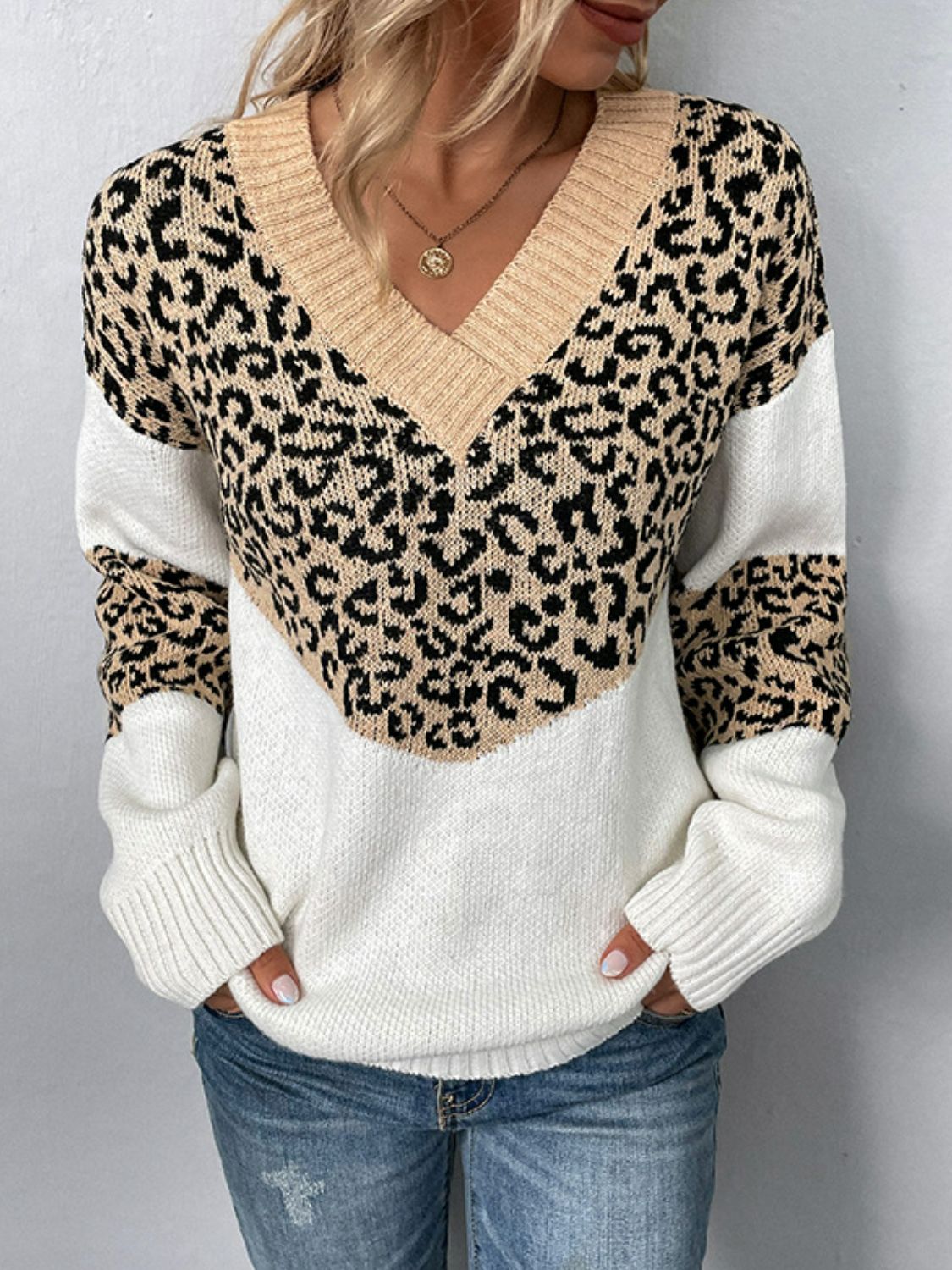 Leopard V-Neck Dropped Shoulder Sweater - The Boutie Shop