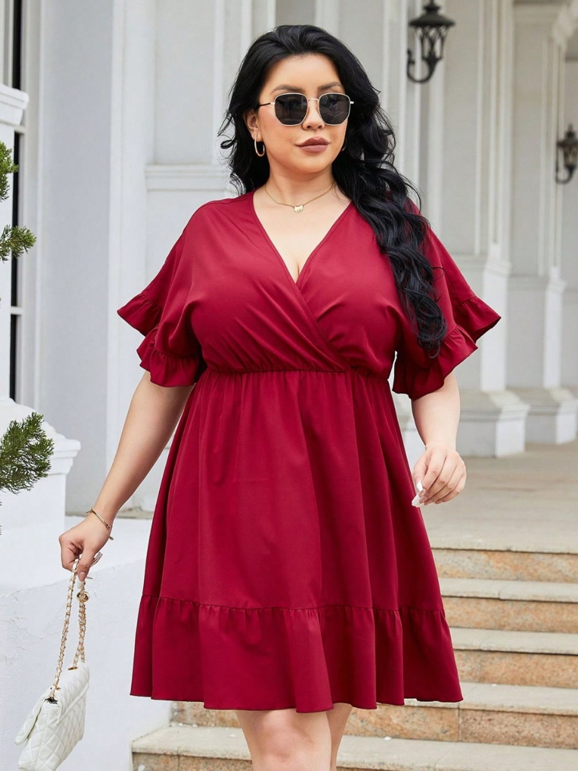 Plus Size Ruched Surplice Flounce Sleeve Mini Dress - The Boutie Shop