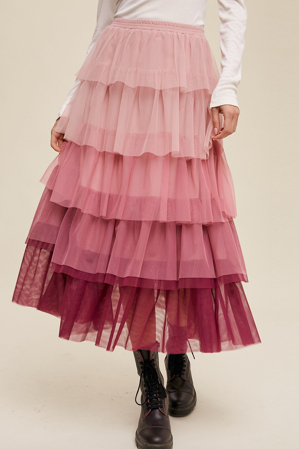 Elastic Waist Layered Tulle Midi Skirt - The Boutie Shop