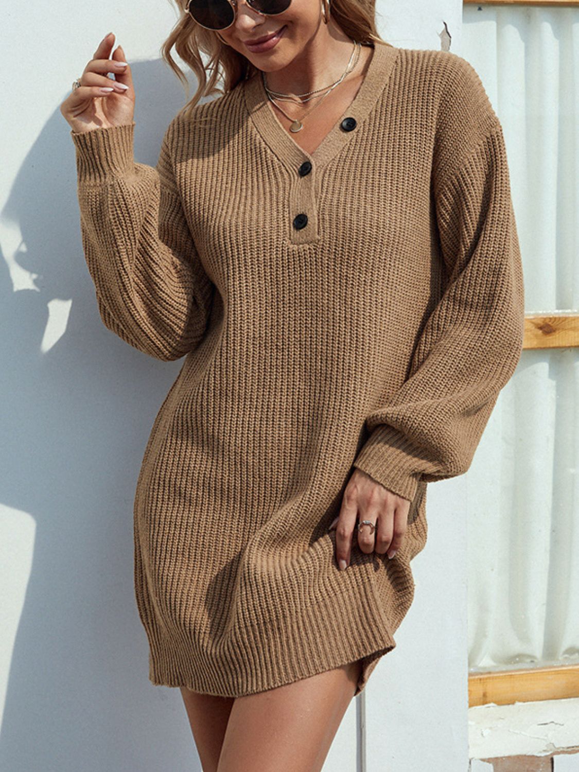 Buttoned V-Neck Sweater Dress - The Boutie Shop