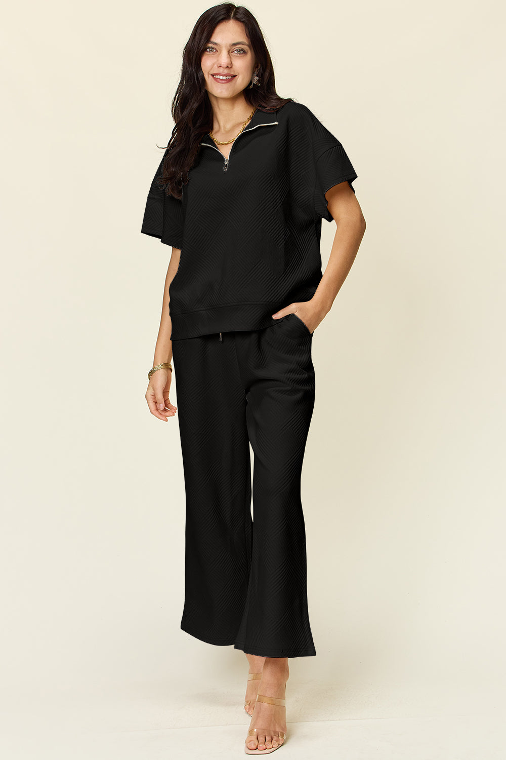 Double Take Full Size Texture Half Zip Short Sleeve Top and Pants Set - The Boutie Shop