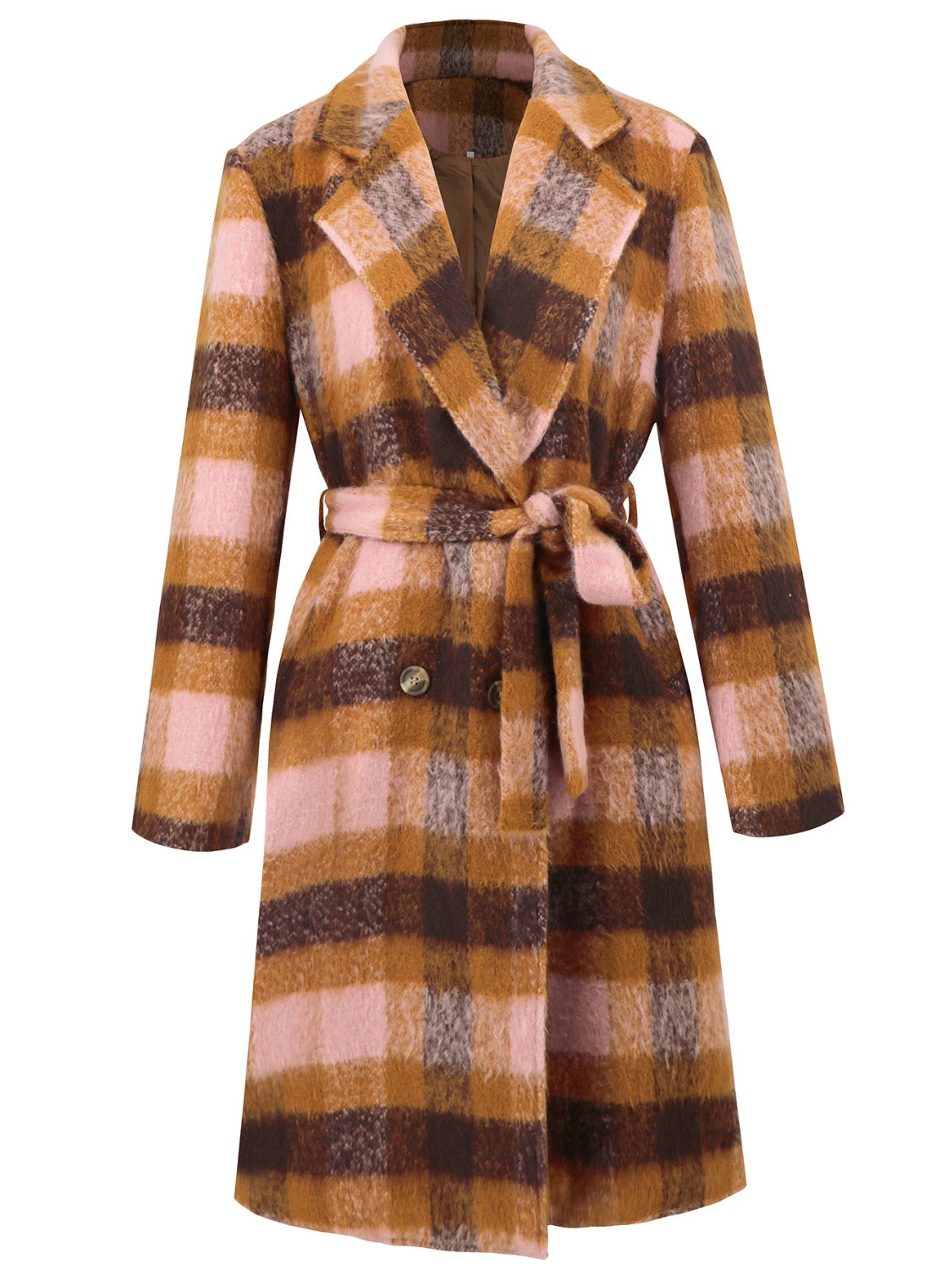 Tied Plaid Collared Neck Coat