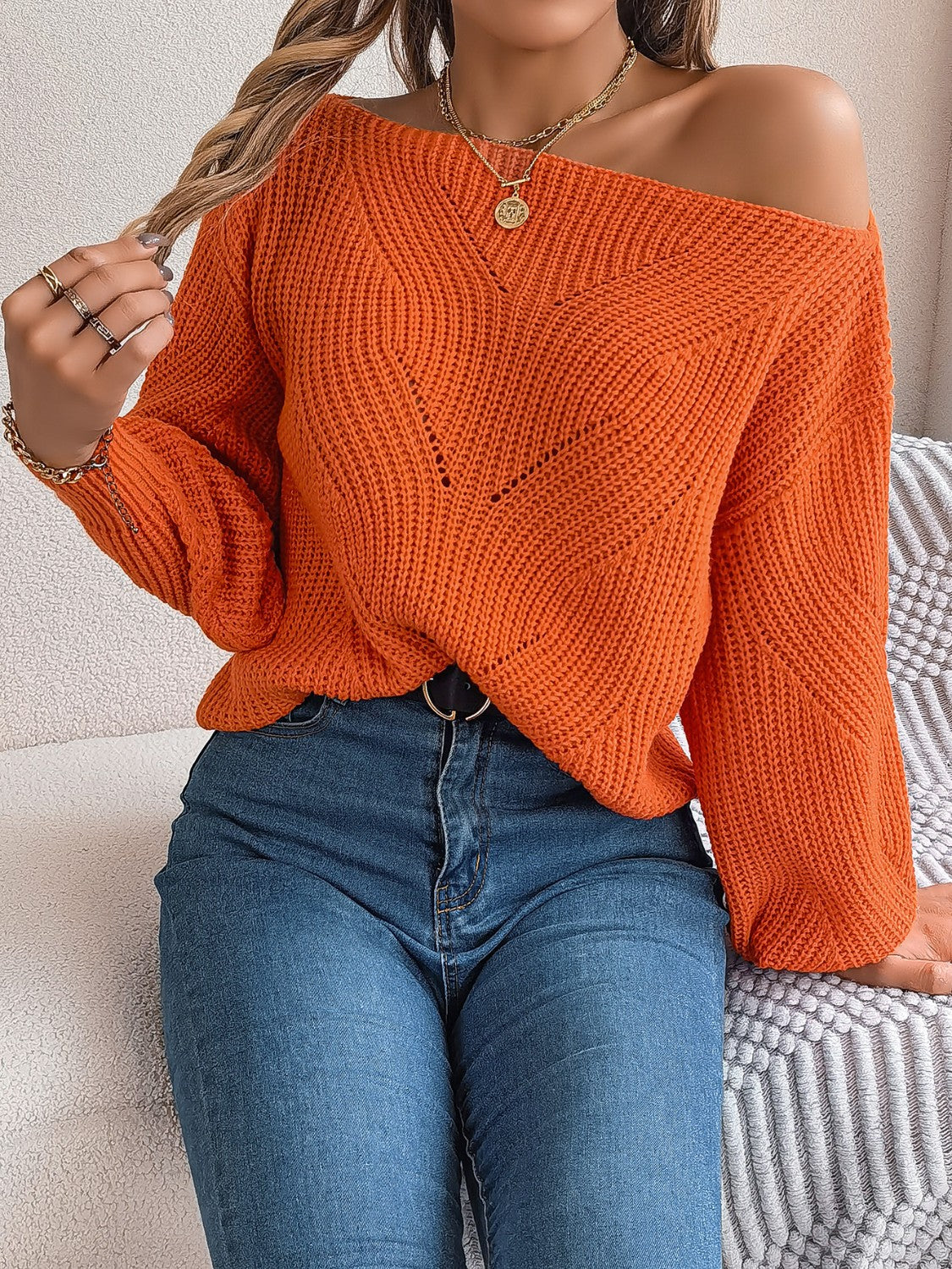 Openwork Long Sleeve Sweater - The Boutie Shop