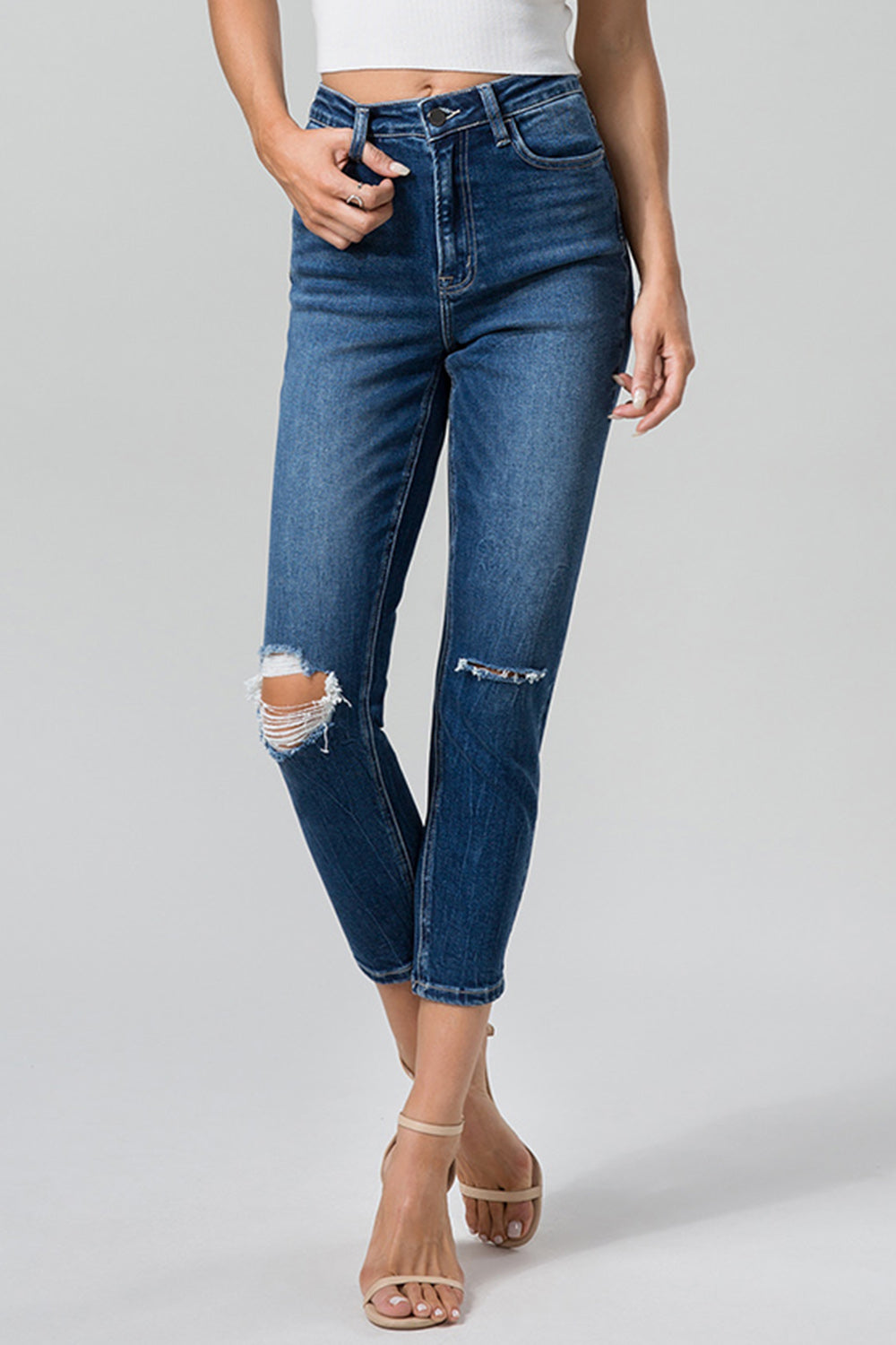 BAYEAS Full Size High Waist Distressed Washed Cropped Mom Jeans - The Boutie Shop