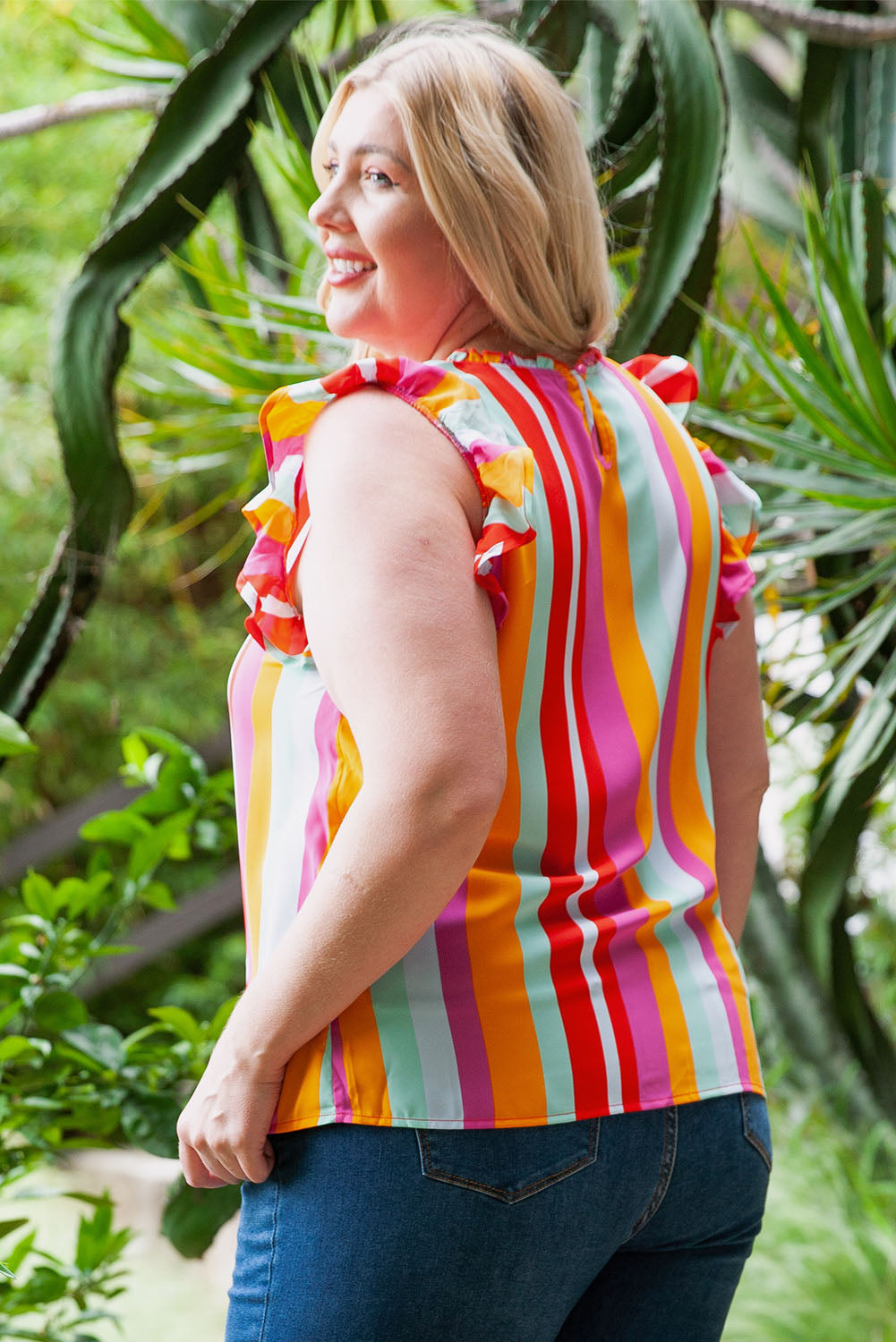 Plus Size Striped Round Neck Ruffled Tank - The Boutie Shop