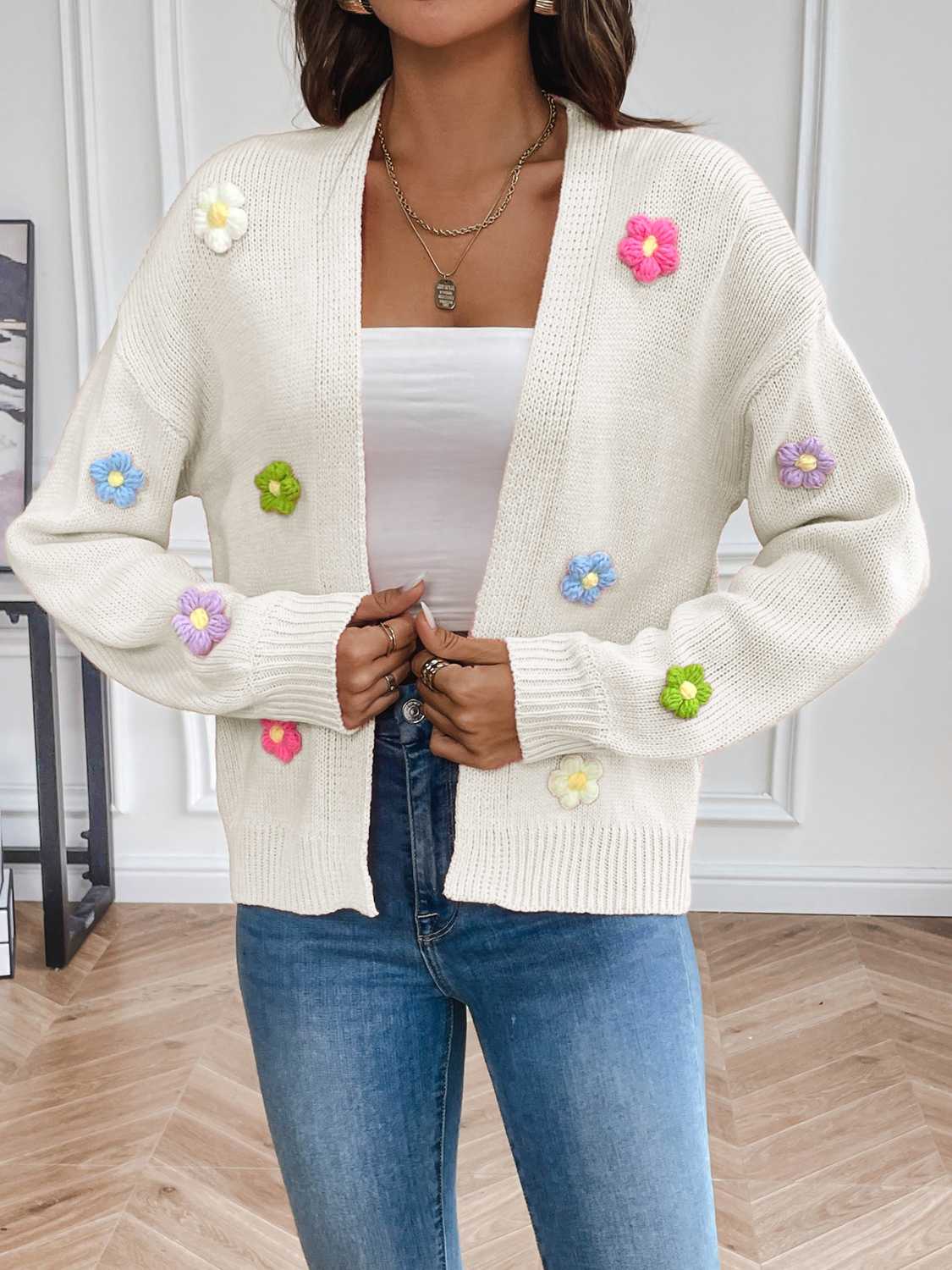 Floral Long Sleeve Open Front Cardigan - The Boutie Shop