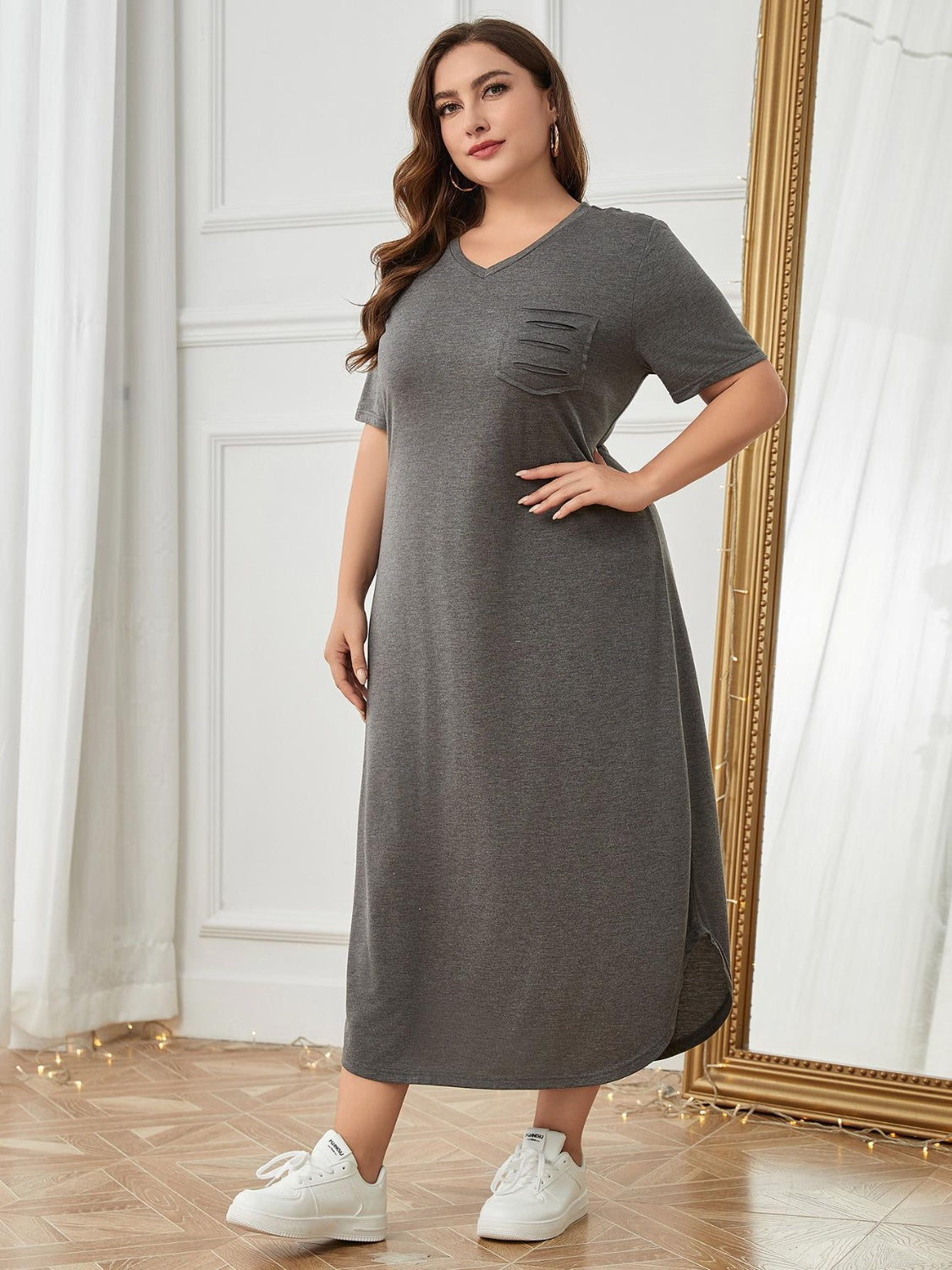 Plus Size Pocketed V-Neck Short Sleeve Lounge Dress - The Boutie Shop