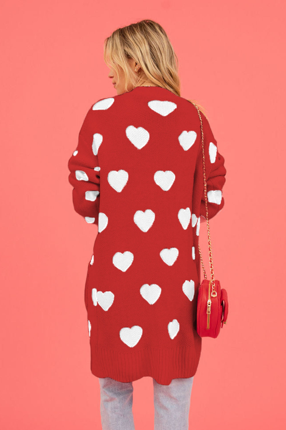 Heart Graphic Open Front Cardigan with Pockets - The Boutie Shop