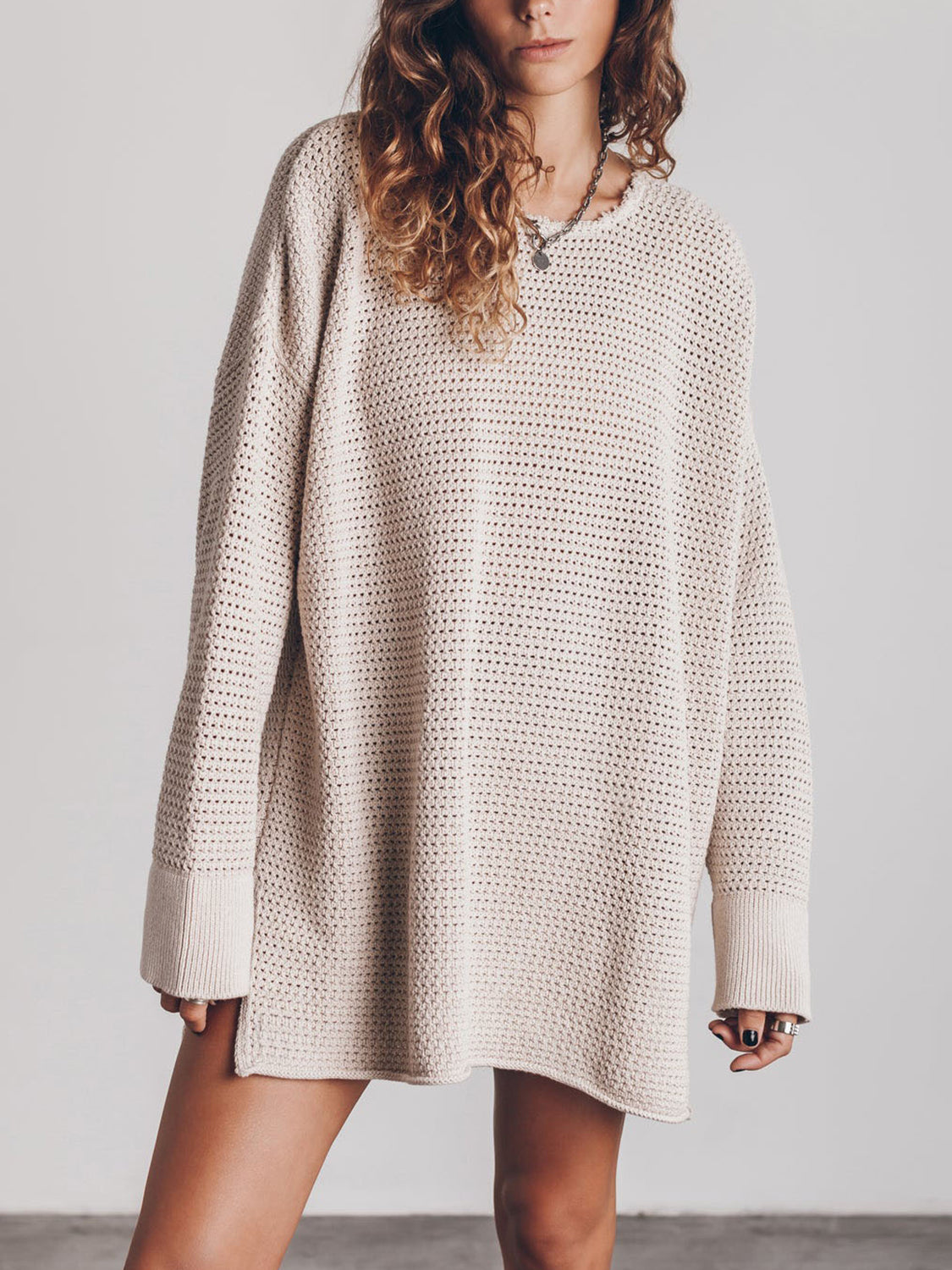 Openwork Round Neck Long Sleeve Slit Sweater - The Boutie Shop