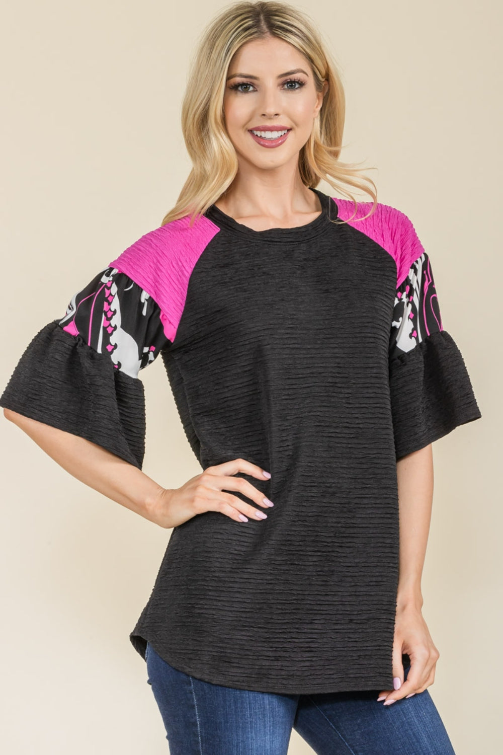 Celeste Full Size Texture Printed Color Block Top - The Boutie Shop