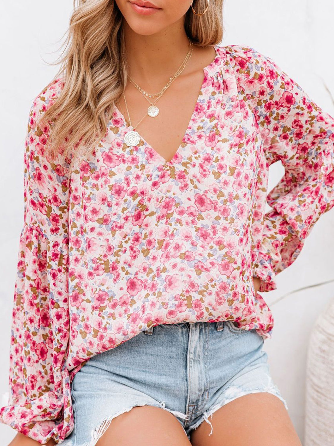 Floral Notched Balloon Sleeve Blouse - The Boutie Shop