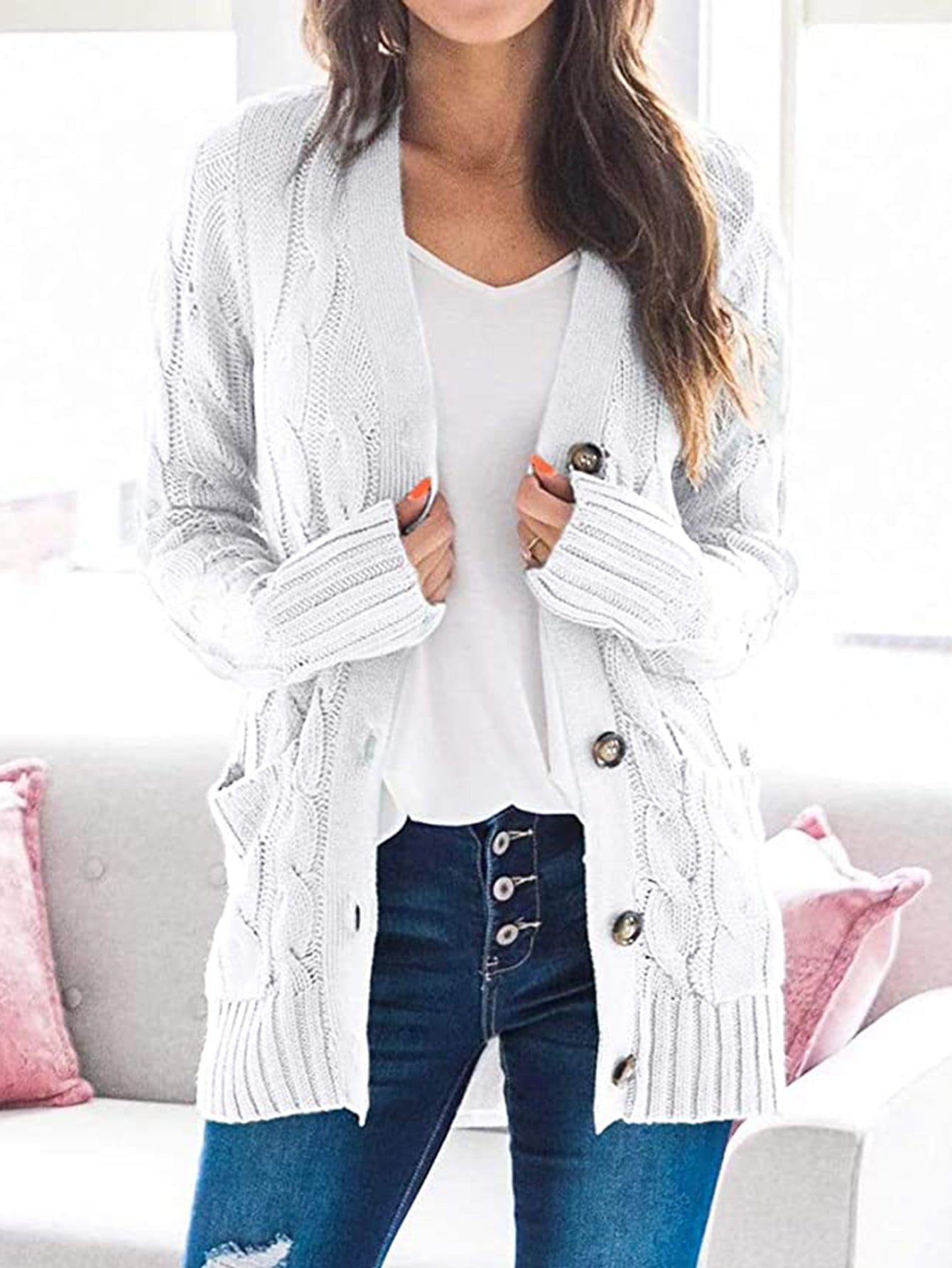 Cable-Knit Buttoned Cardigan with Pockets - The Boutie Shop