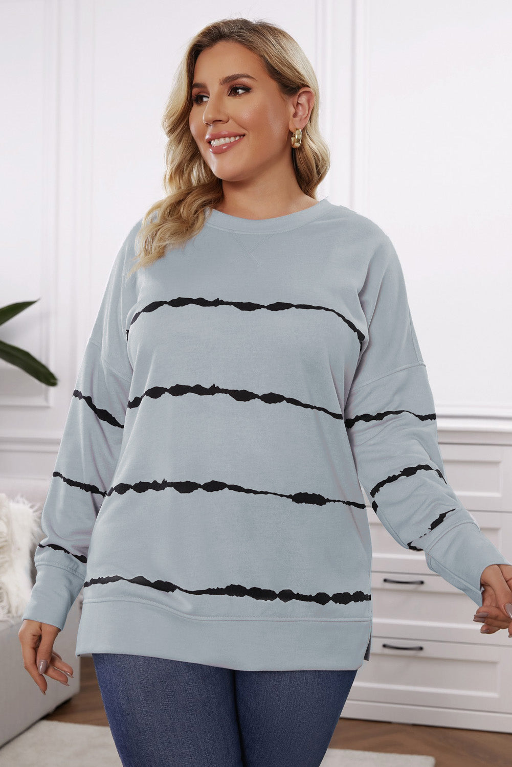 Plus Size Round Neck Dropped Shoulder Sweatshirt - The Boutie Shop