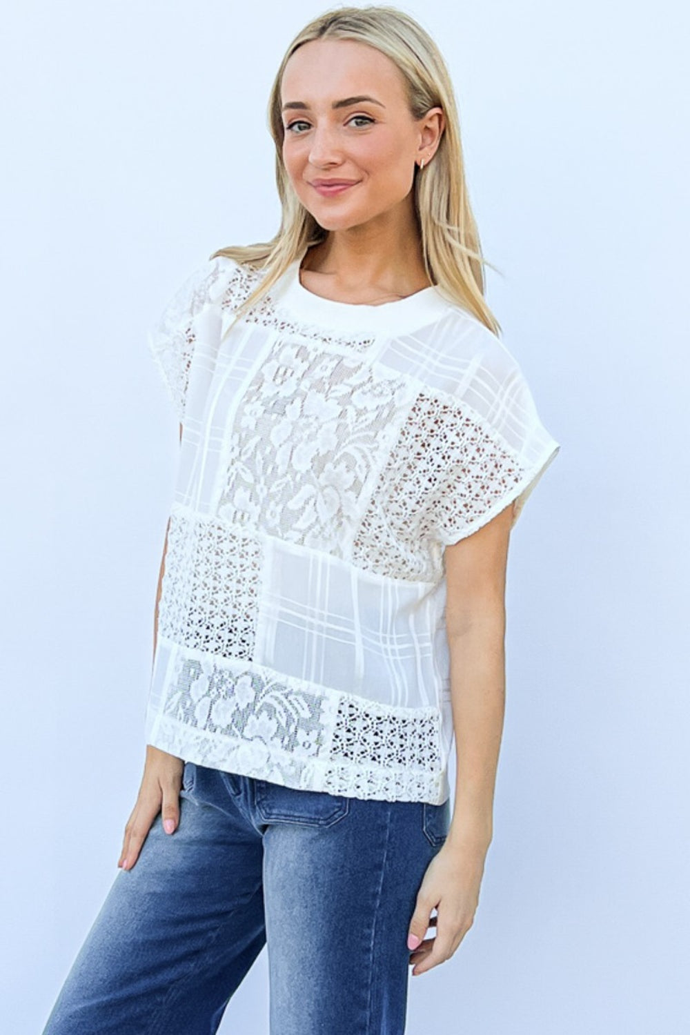 And The Why Lace Patchwork Short Sleeve Top and Cami Set - The Boutie Shop