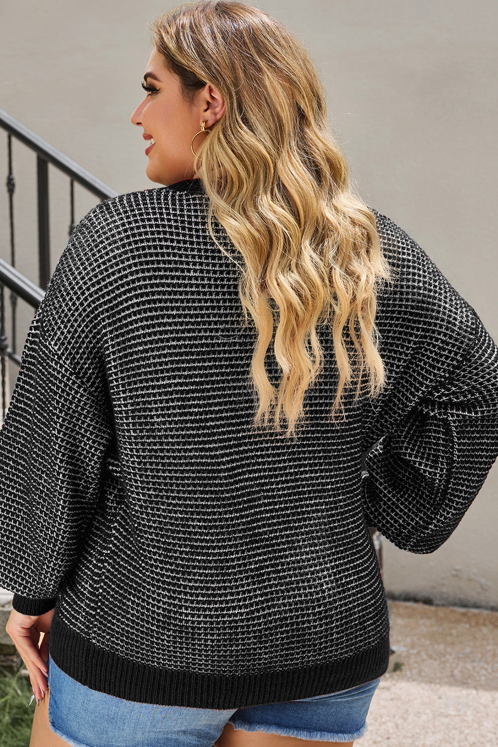 Plus Size Waffle-Knit Round Neck Dropped Shoulder Sweater - The Boutie Shop