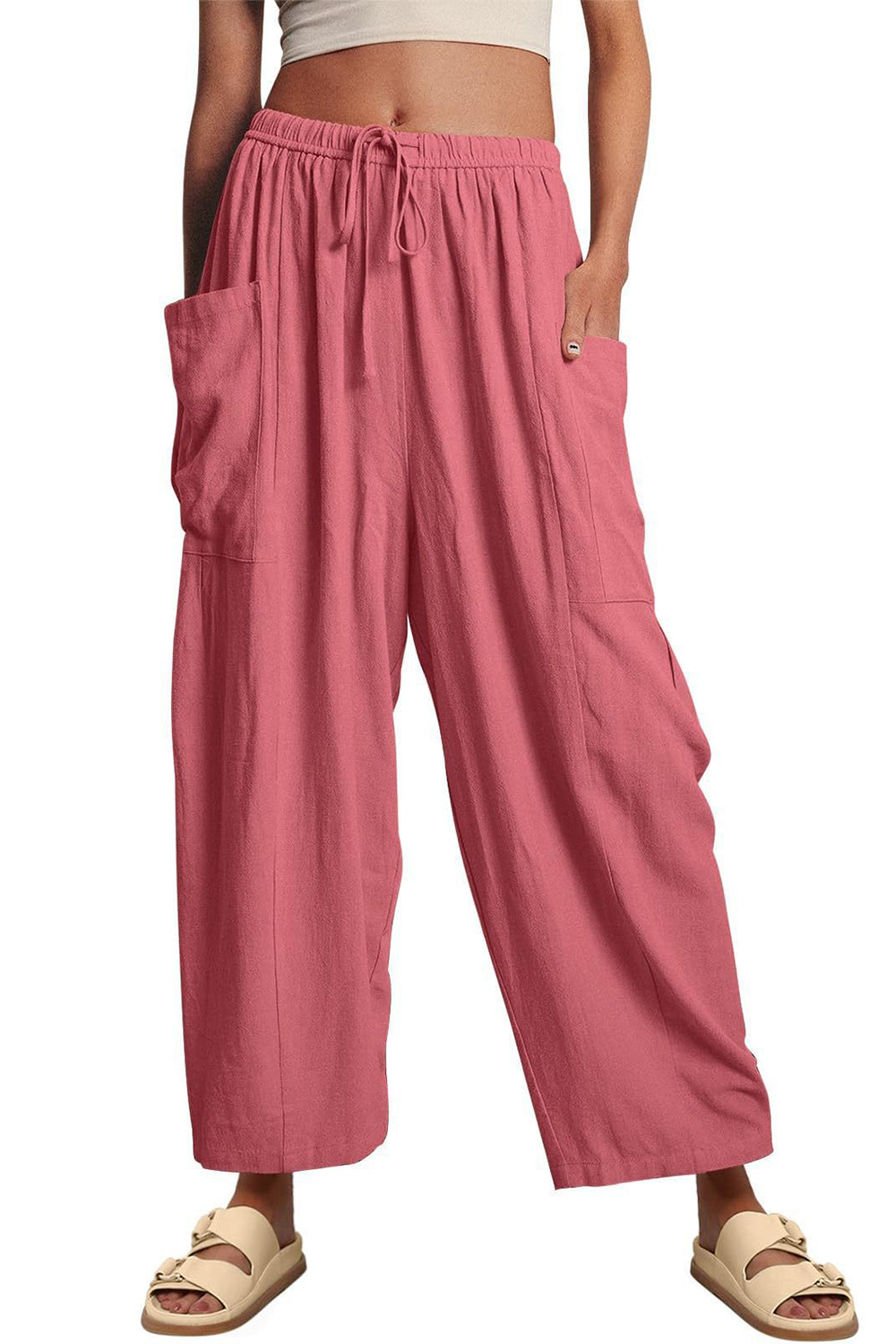 Full Size Pocketed Drawstring Wide Leg Pants - The Boutie Shop