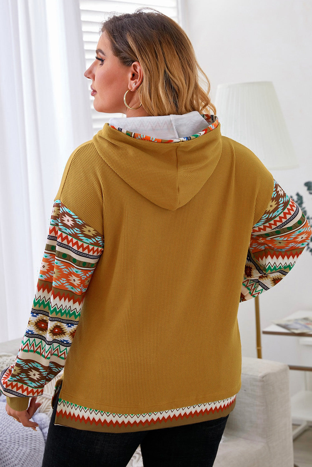 Plus Size Waffle-Knit Geometric Dropped Shoulder Hoodie - The Boutie Shop