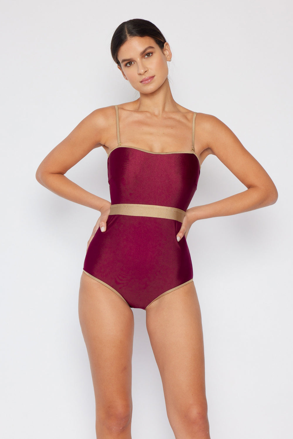 Marina West Swim Wave Break Contrast Trim One-Piece in Wine - The Boutie Shop