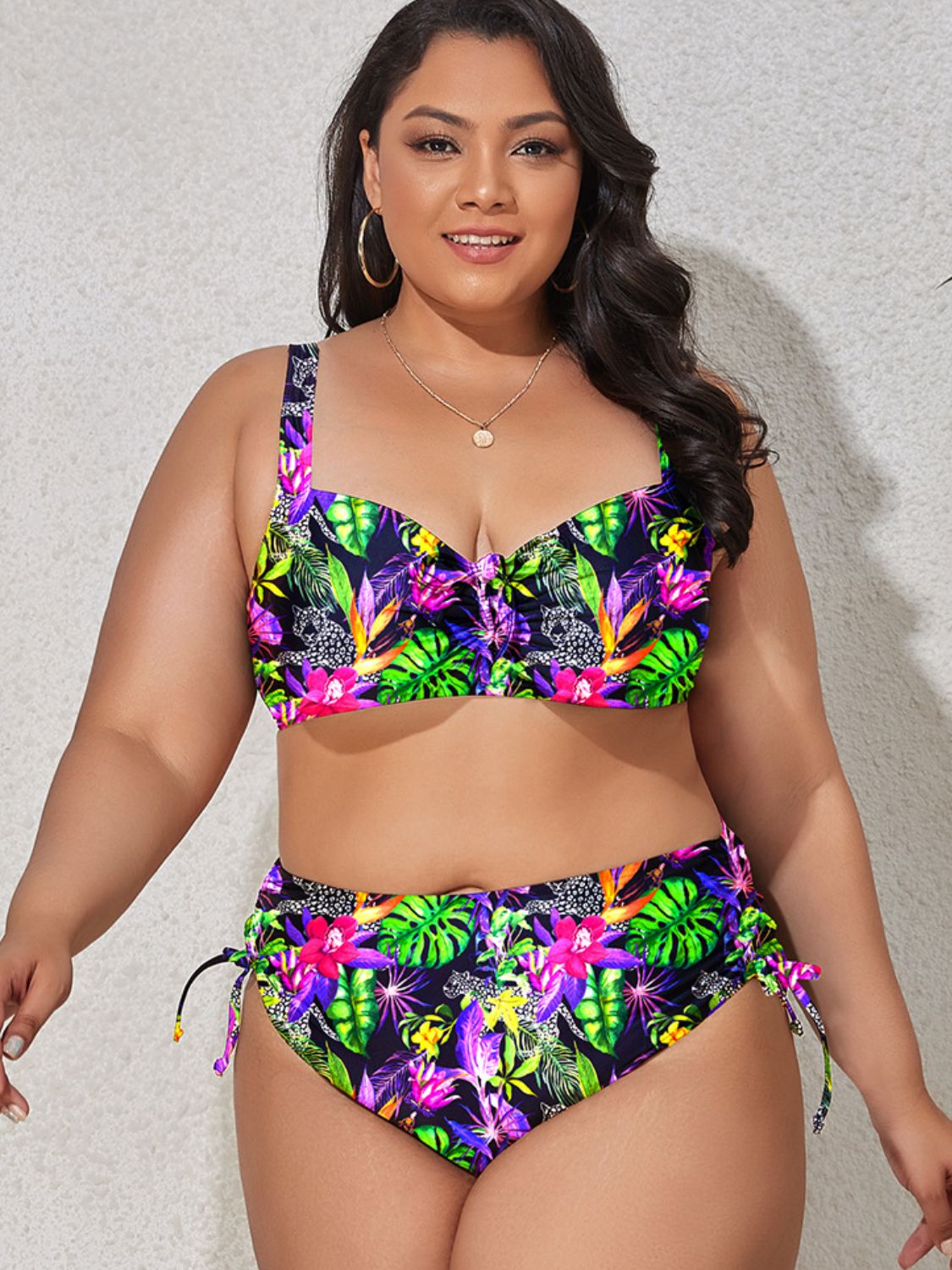 Plus Size Printed Drawstring Detail Bikini Set - The Boutie Shop