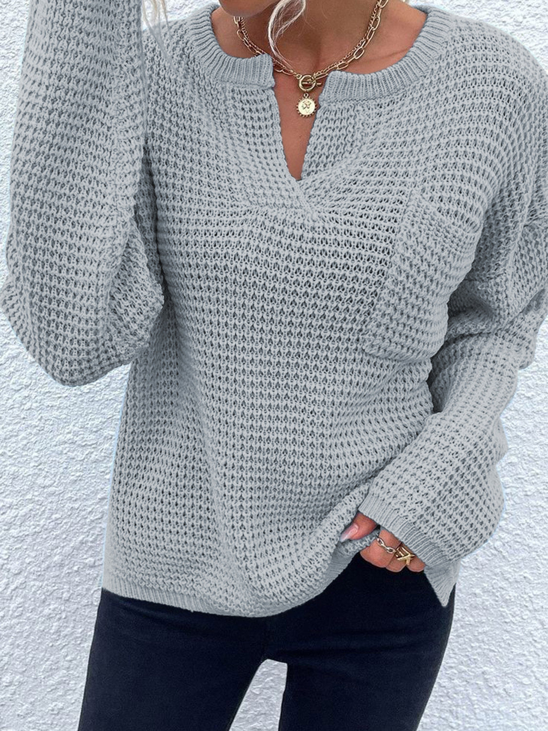 Notched Long Sleeve Sweater - The Boutie Shop