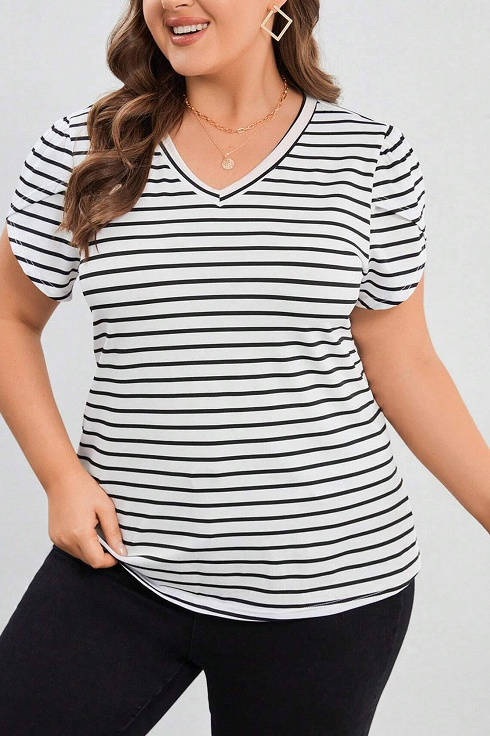 Plus Size Striped V-Neck Short Sleeve T-Shirt - The Boutie Shop