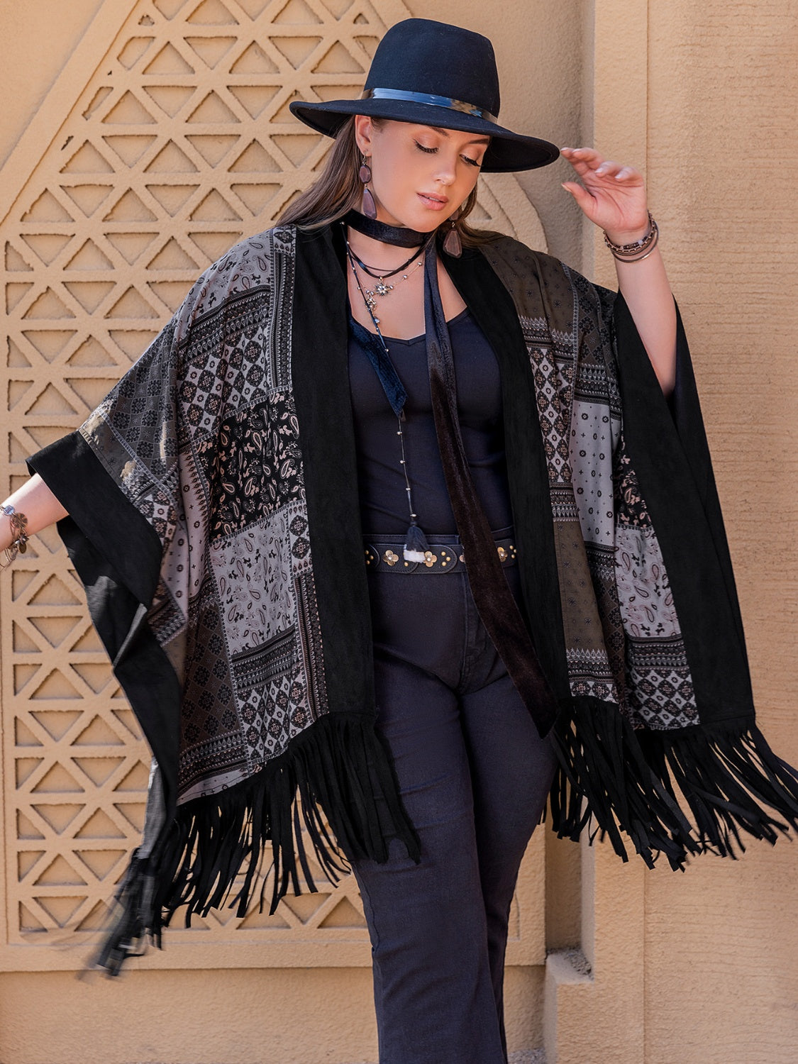 Plus Size Printed Fringe Open Front Outerwear - The Boutie Shop