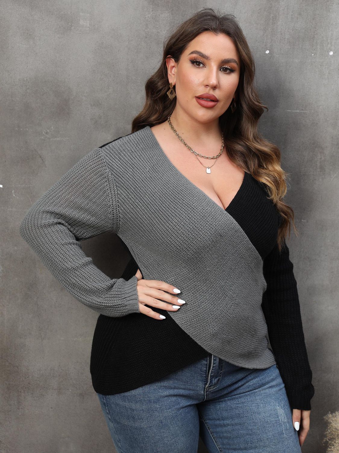 Plus Size Two-Tone Surplice Neck Sweater - The Boutie Shop