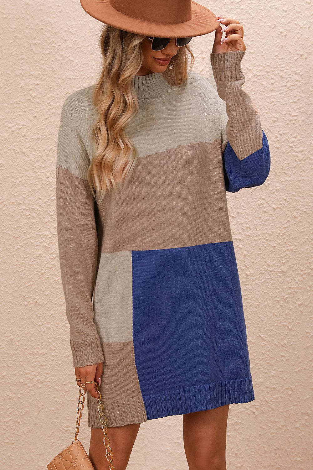 Color Block Mock Neck Dropped Shoulder Sweater Dress - The Boutie Shop