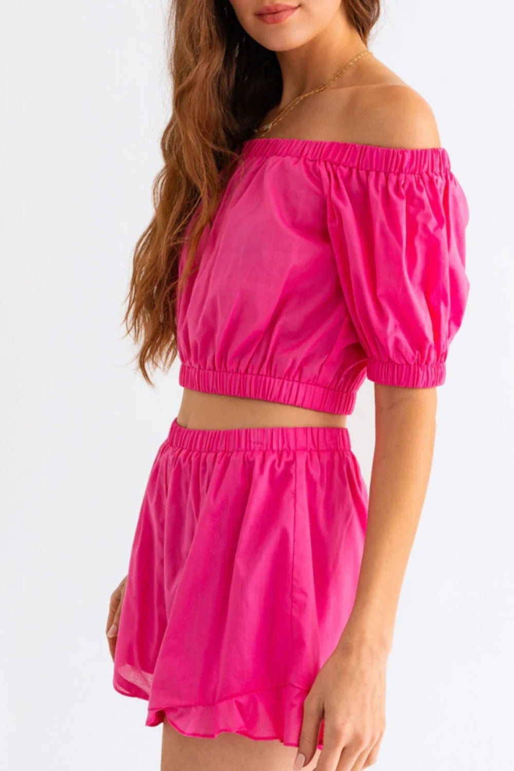 Le Lis Off Shoulder Crop Top and Ruffled Shorts Set - The Boutie Shop