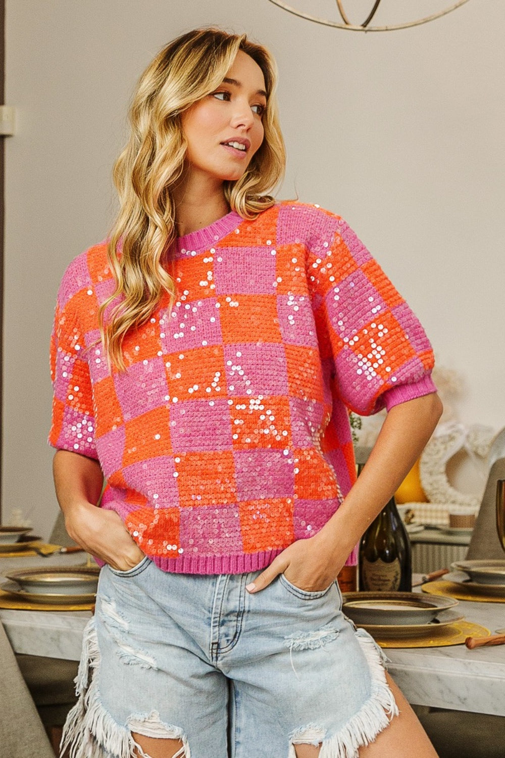 BiBi Checkered Short Sleeve Sequin Sweater - The Boutie Shop