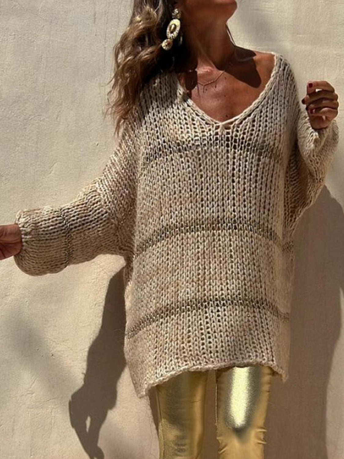 Openwork V-Neck Long Sleeve Sweater - The Boutie Shop