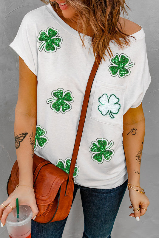 Sequin Lucky Clover Boat Neck T-Shirt - The Boutie Shop