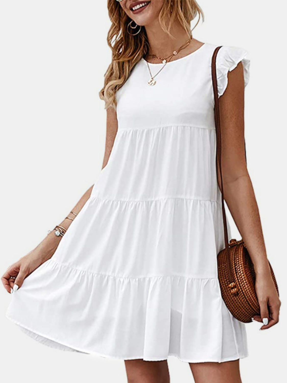 Ruffled Round Neck Cap Sleeve Mini Dress - The Boutie Shop