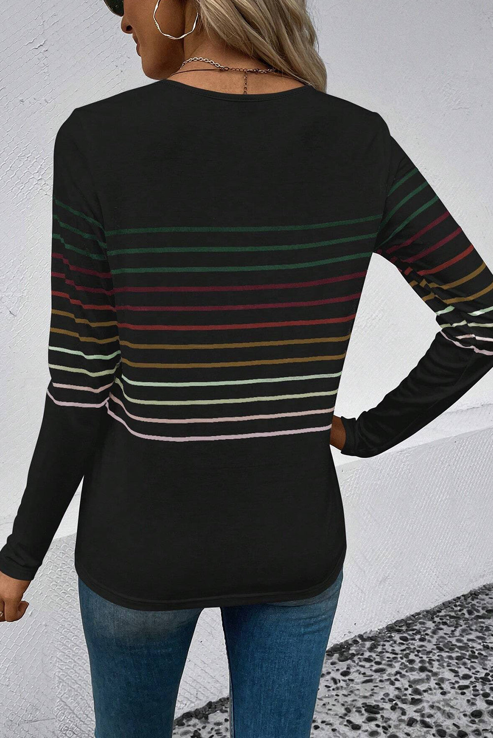 Striped Round Neck Long Sleeve T-Shirt - The Boutie Shop