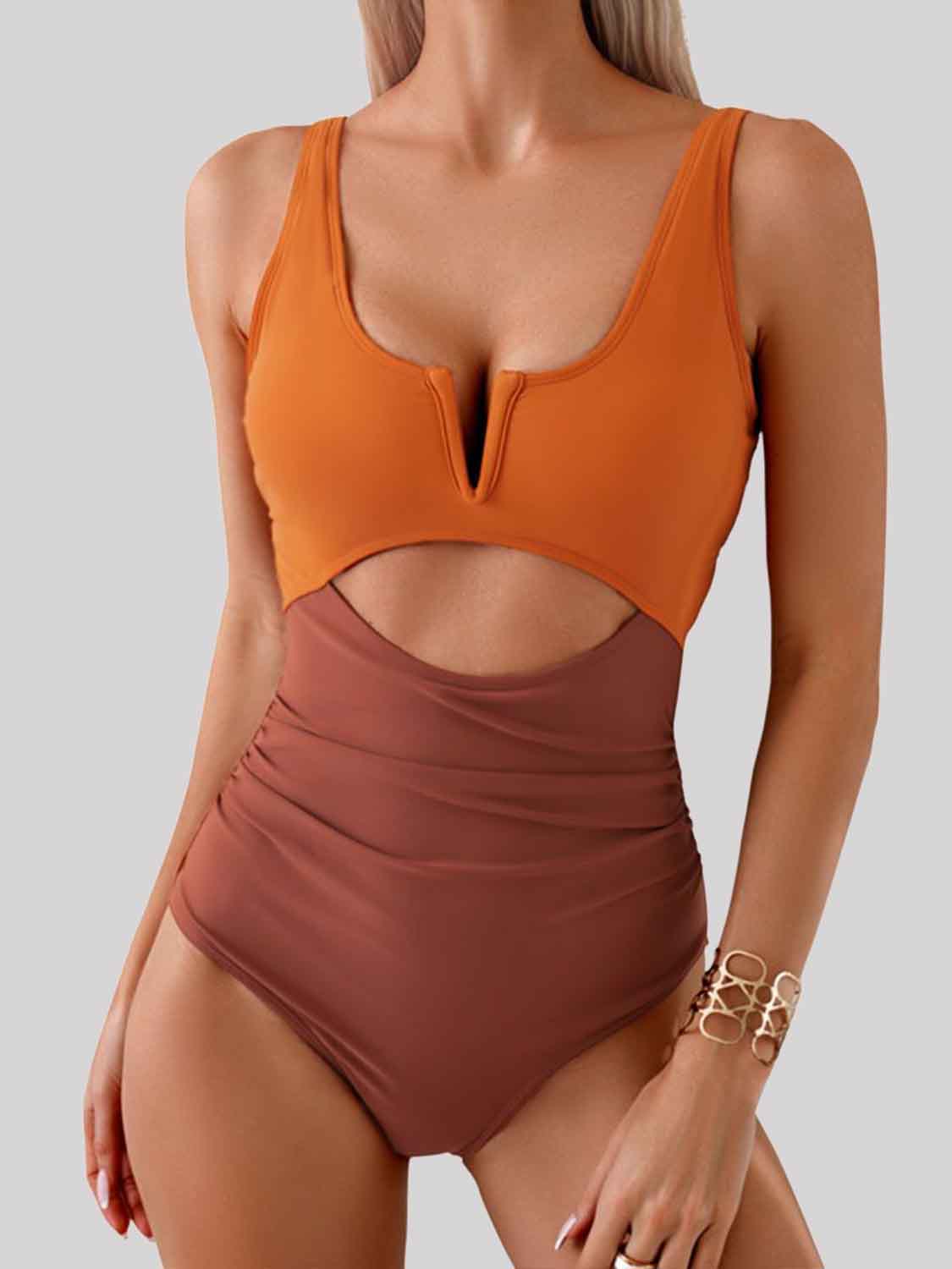 Tied Cutout Contrast One-Piece Swimwear - The Boutie Shop