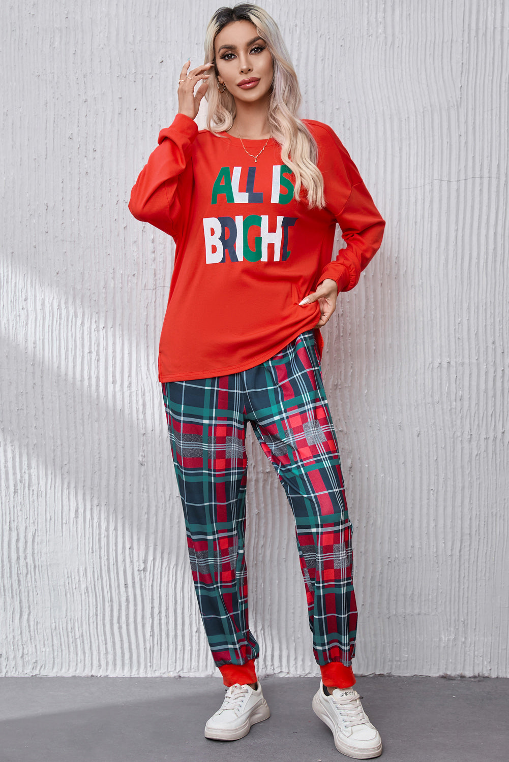 ALL IS BRIGHT Round Neck Top and Plaid Pants Lounge Set - The Boutie Shop