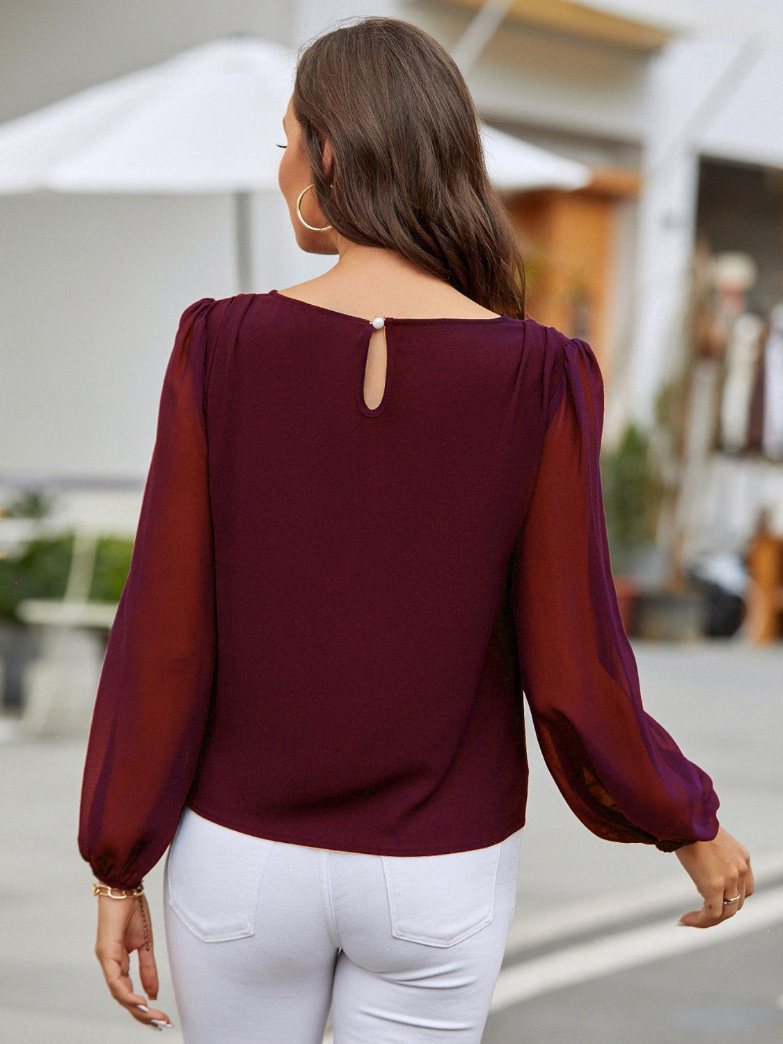 Round Neck Balloon Sleeve Blouse - The Boutie Shop