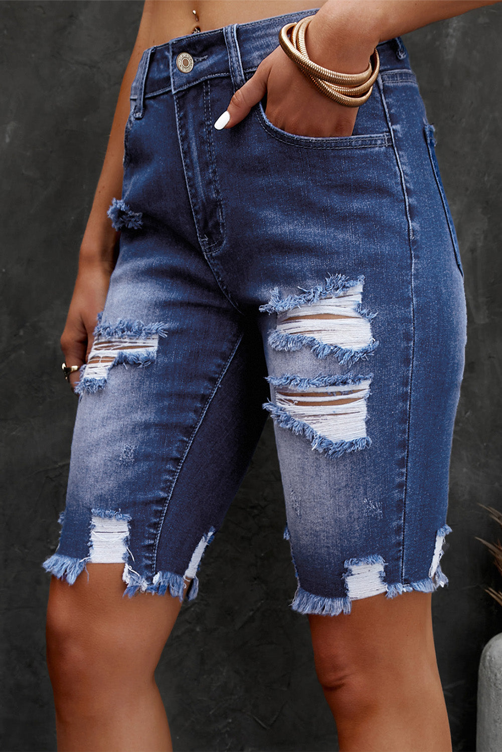 Distressed Frayed Hem Denim Bermuda Shorts - The Boutie Shop