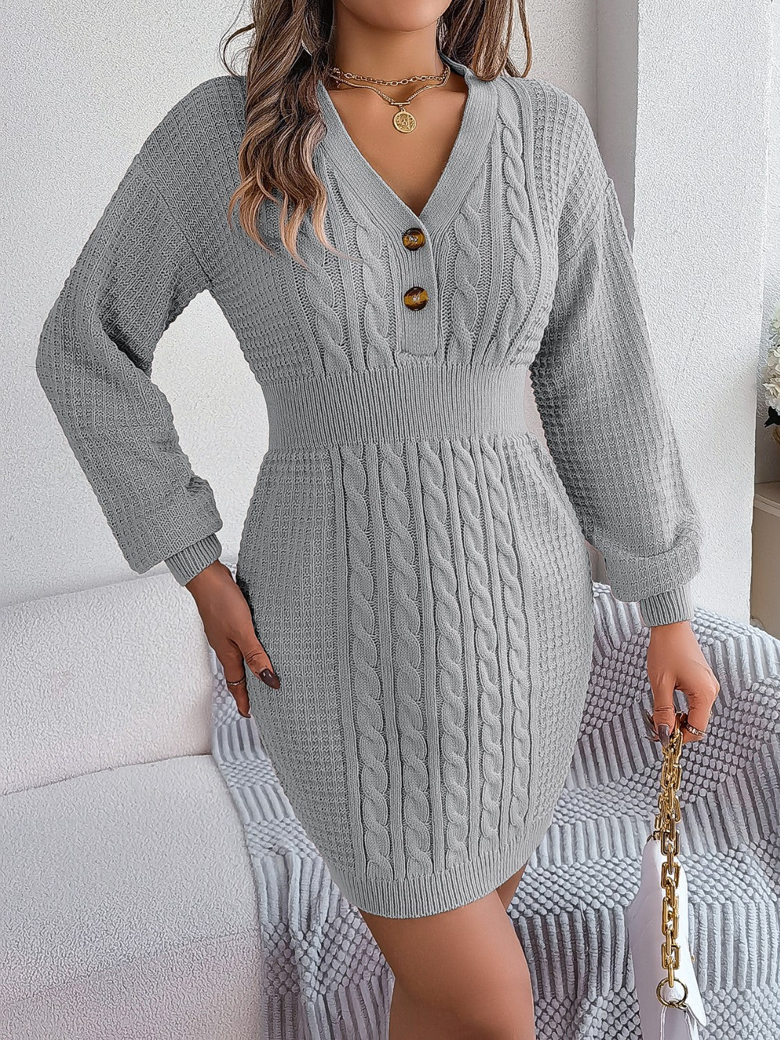 Buttoned Cable-Knit V-Neck Sweater Dress - The Boutie Shop