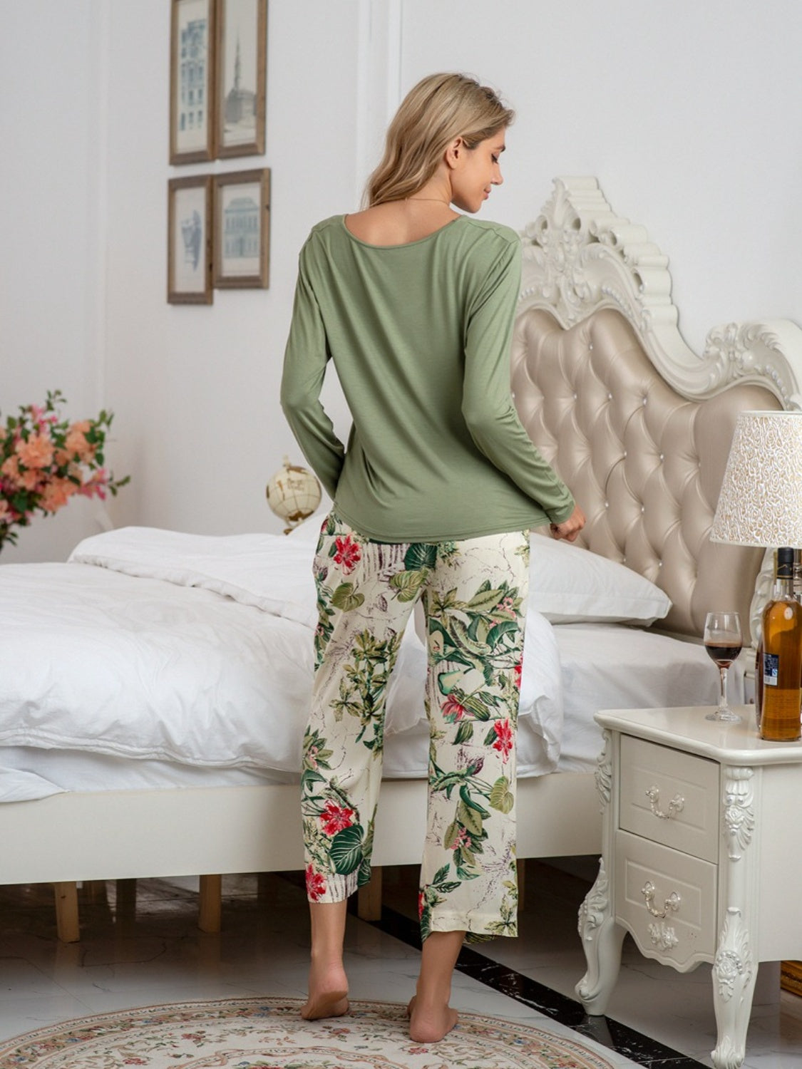 Round Neck Top and Printed Pants Lounge Set - The Boutie Shop