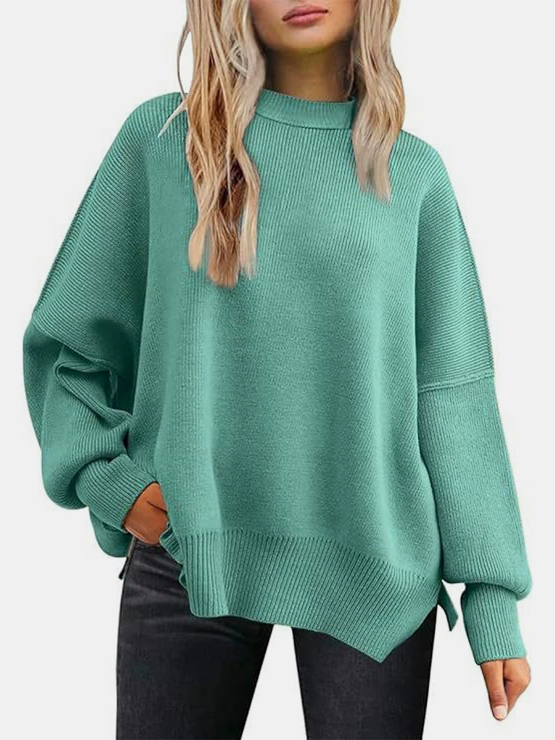 Round Neck Drop Shoulder Slit Sweater - The Boutie Shop