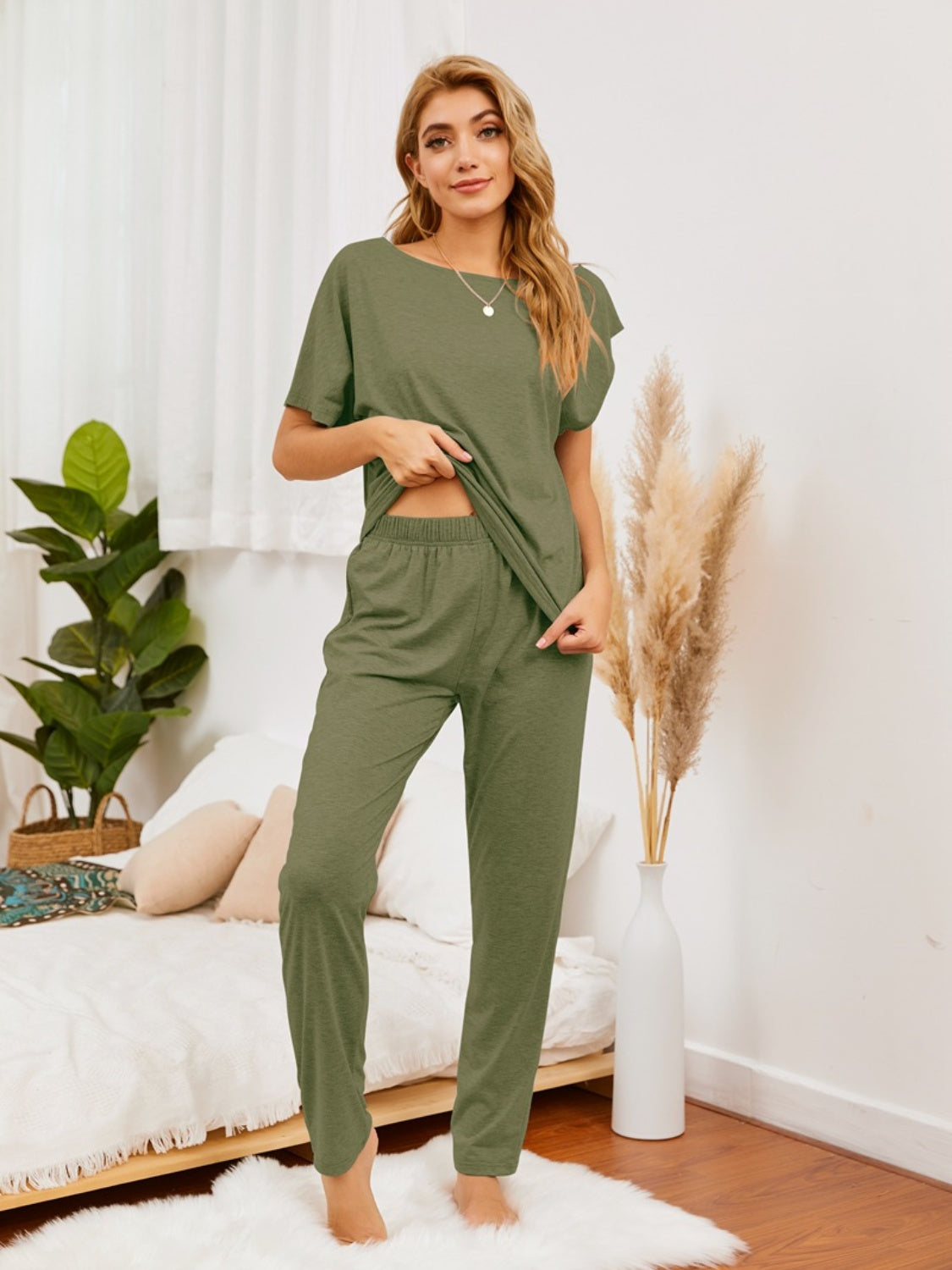 Boat Neck Top and Pants Lounge Set - The Boutie Shop