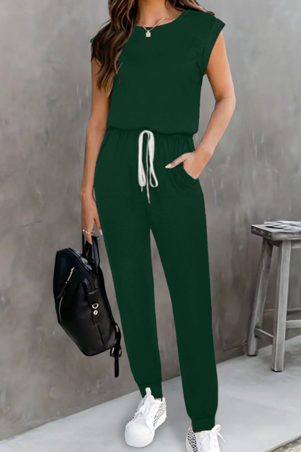 Drawstring Round Neck Sleeveless Jumpsuit - The Boutie Shop