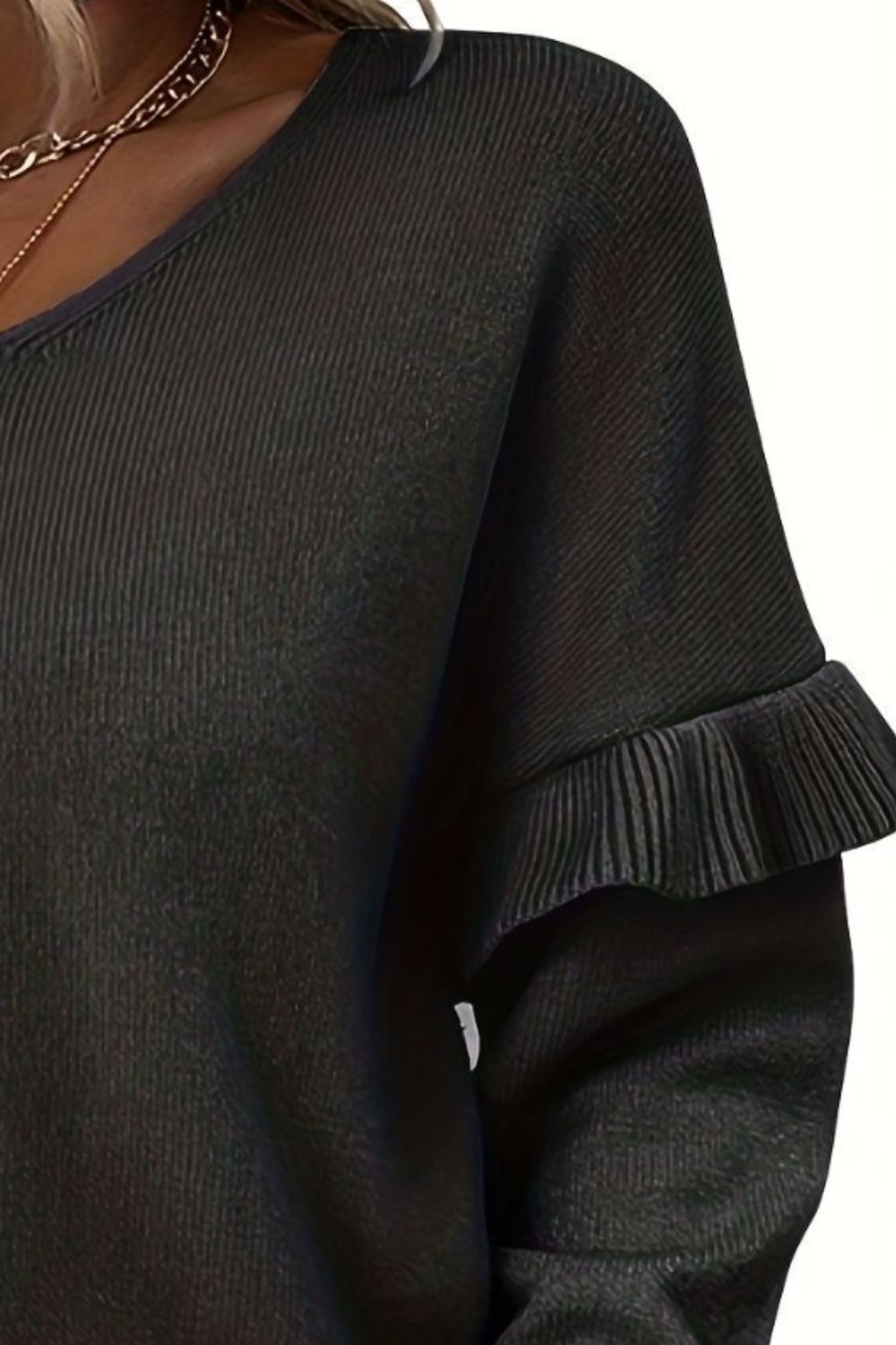 V-Neck Ruffle Trim Long Sleeve Sweater - The Boutie Shop