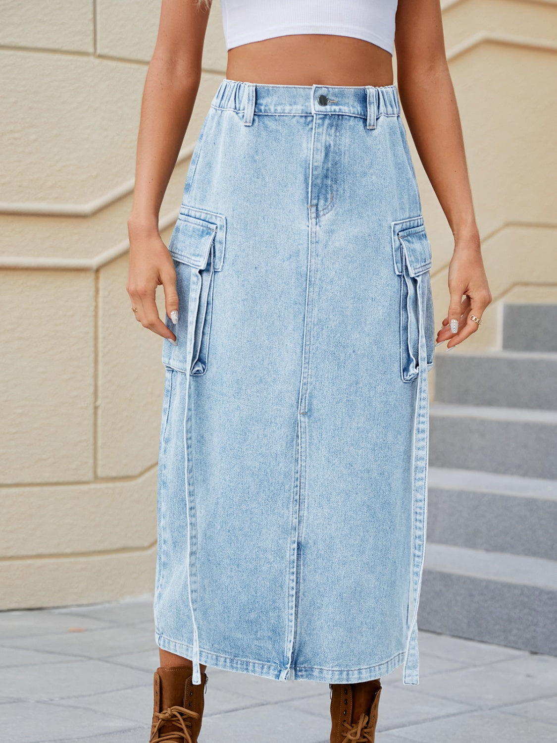 Slit Pocketed High Waist Denim Skirt - The Boutie Shop