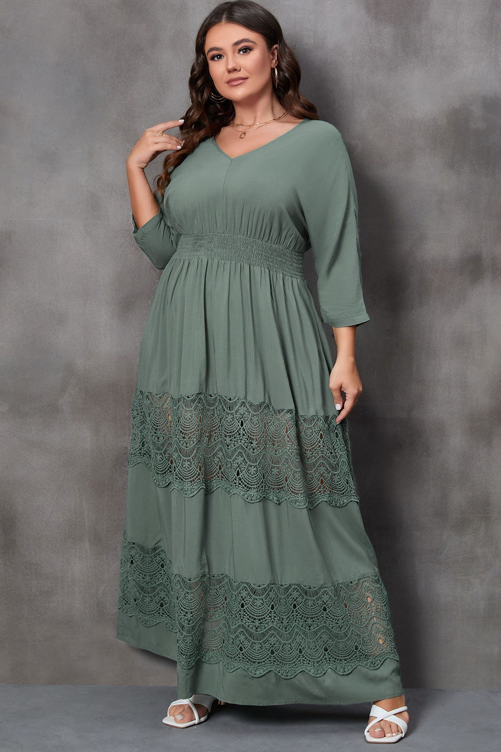 Plus Size Tied V-Neck Smocked Crochet Maxi Dress - The Boutie Shop