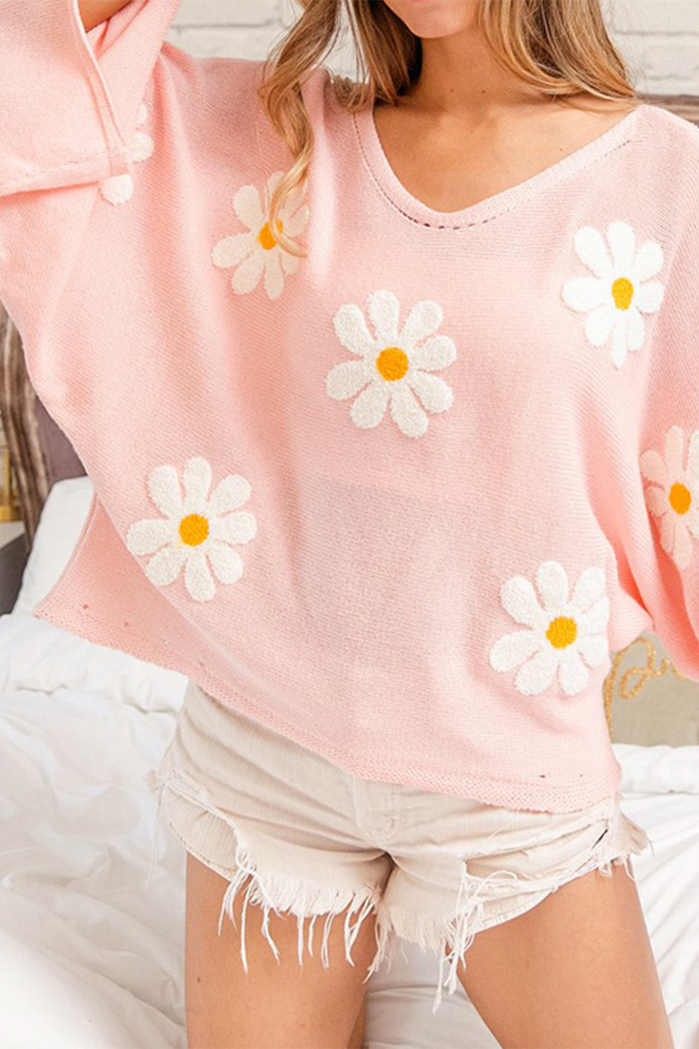 Flower Pattern Long Sleeve Sweater - The Boutie Shop